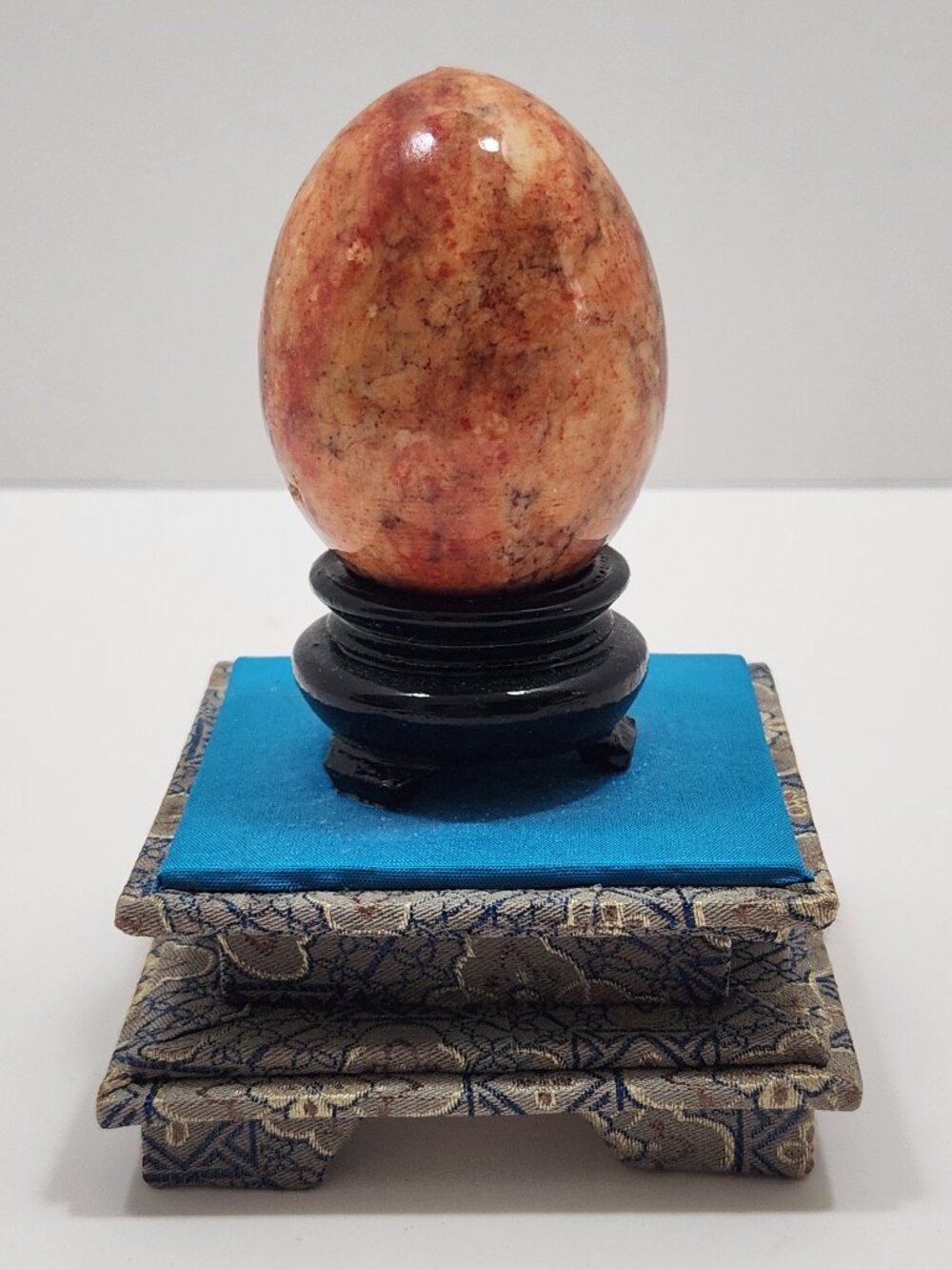 Vintage Polished Marble Stone Egg With Fabric Brocade Rise & Wooden Stand